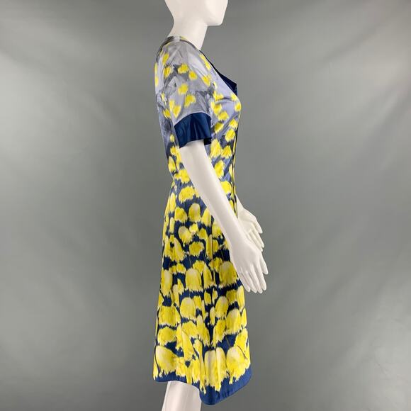 PRABAL GURUNG Size 10 Blue Yellow Cotton Silk Print A-Line Dress - Picture 3 of 6